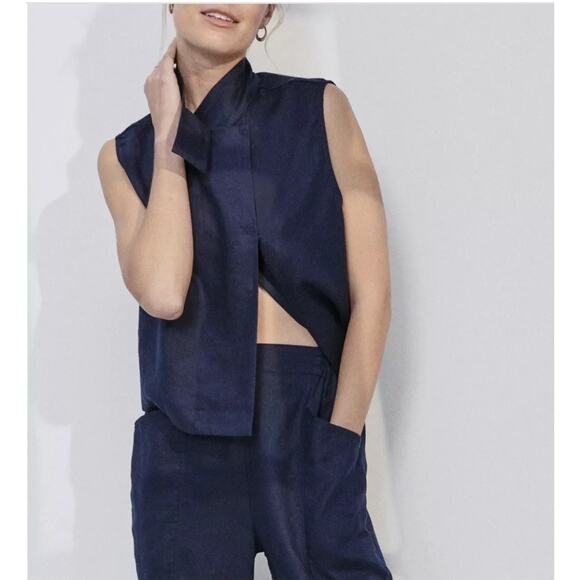 LUNYA NWT $138 Woven Linen Sleeveless Shirt - Navy Blue - Picture 2 of 15